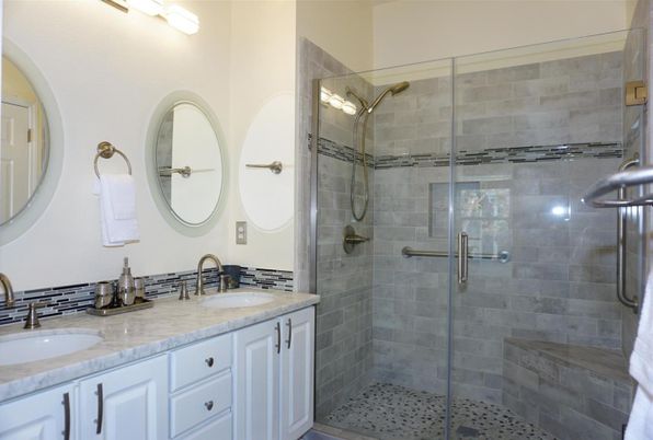 Bathroom, Dual Sink Vanities, Glass Shower, Interior, Stone Walls