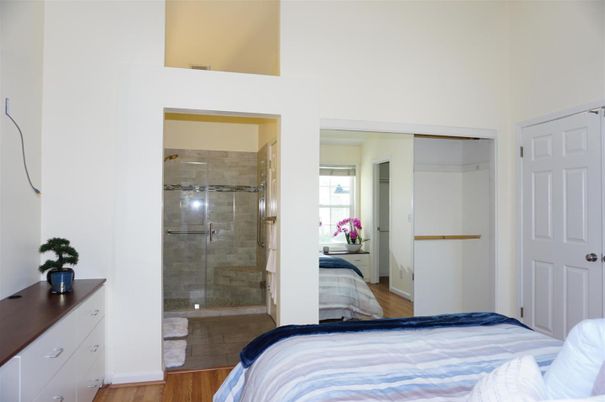 Bathroom, Bedroom, Glass Shower, Interior, Wood Texture Flooring