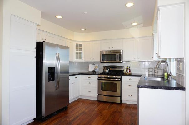 Interior, Kitchen, Recessed Lighting, Stainless Steel Appliances, Wood Texture Flooring