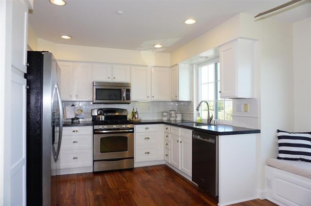 Interior, Kitchen, Recessed Lighting, Stainless Steel Appliances, Wood Texture Flooring
