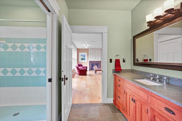 Bathroom, Fireplace, Interior, Living room, Wood Texture Flooring