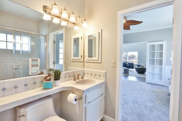 Bathroom, Dual Sink Vanities, Glass Shower, Interior, Tile Countertops