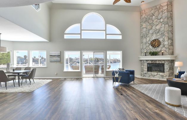 Dining room, Fireplace, Interior, Stone Walls, Water, Wood Texture Flooring