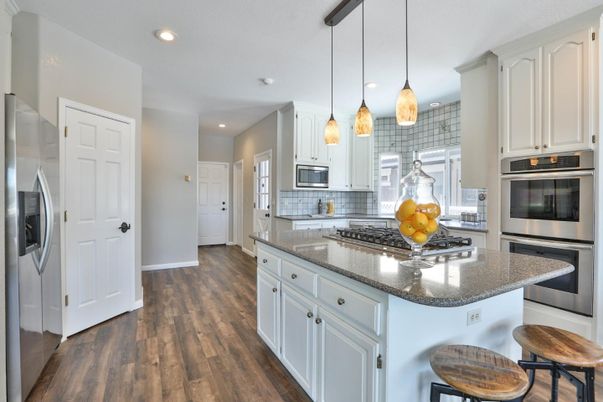 Interior, Kitchen, Pendant Lights, Recessed Lighting, Stainless Steel Appliances, Wood Texture Flooring