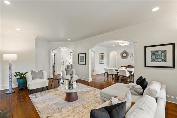 Dining room, Interior, Living room, Recessed Lighting, Wood Texture Flooring