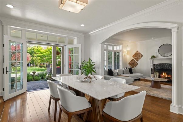Dining room, Fireplace, Interior, Living room, Recessed Lighting, Wood Texture Flooring
