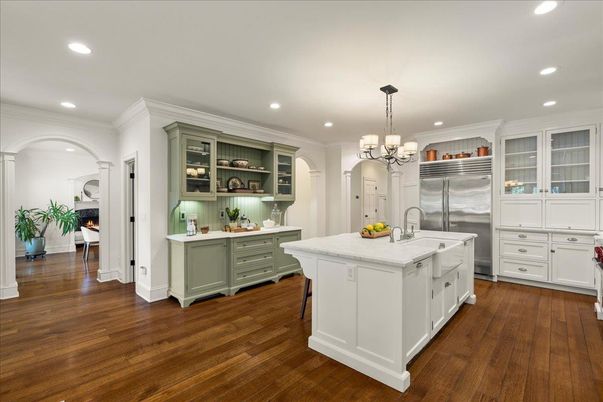 Chandelier, Interior, Kitchen, Recessed Lighting, Stainless Steel Appliances, Wood Texture Flooring