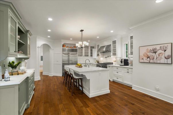 Chandelier, Interior, Kitchen, Recessed Lighting, Stainless Steel Appliances, Wood Texture Flooring