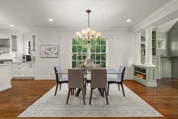 Chandelier, Dining room, Interior, Recessed Lighting, Wood Texture Flooring