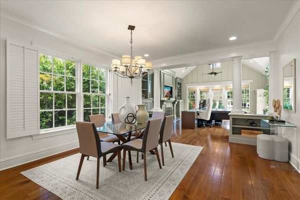 Chandelier, Dining room, Fireplace, Interior, Living room, Recessed Lighting, Wood Texture Flooring
