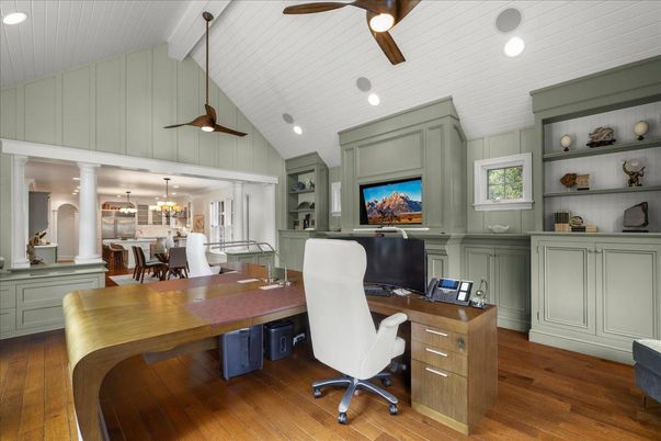 Chandelier, Home Office, Interior, Pendant Lights, Recessed Lighting, Wood Texture Flooring