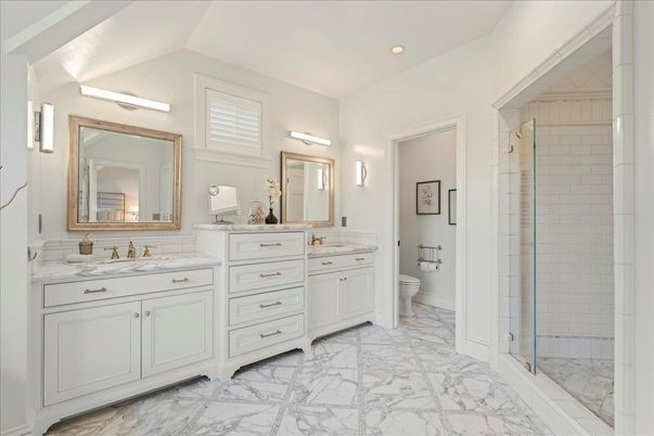 Bathroom, Dual Sink Vanities, Glass Shower, Interior, Marble, Recessed Lighting