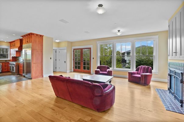 Fireplace, Interior, Kitchen, Living room, Recessed Lighting, Stainless Steel Appliances, Wood Texture Flooring