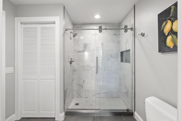 Bathroom, Glass Shower, Interior, Marble Walls, Recessed Lighting