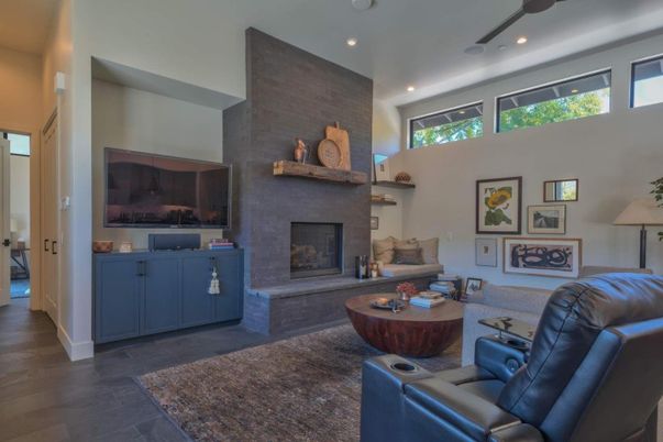 Fireplace, Interior, Living room, Recessed Lighting, Wood Texture Flooring