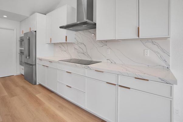 Interior, Kitchen, Marble Walls, Recessed Lighting, Wood Texture Flooring