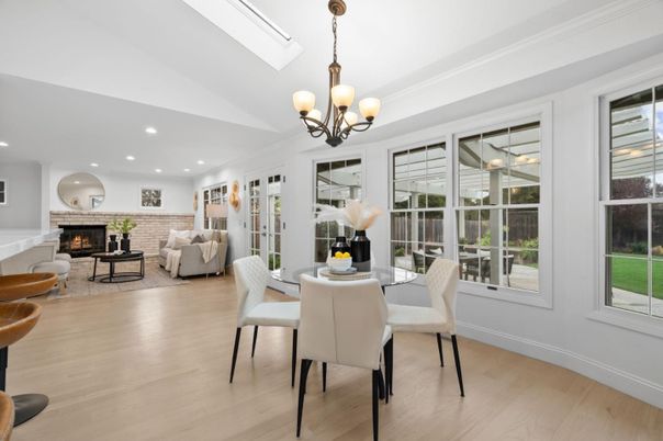 Chandelier, Dining room, Fireplace, Interior, Living room, Recessed Lighting, Wood Texture Flooring