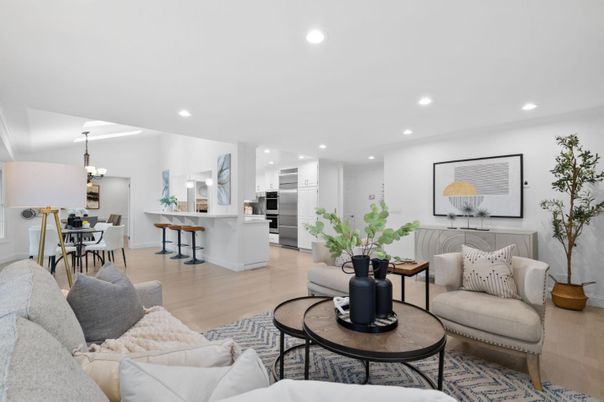 Chandelier, Dining room, Interior, Kitchen, Living room, Recessed Lighting, Stainless Steel Appliances, Wood Texture Flooring