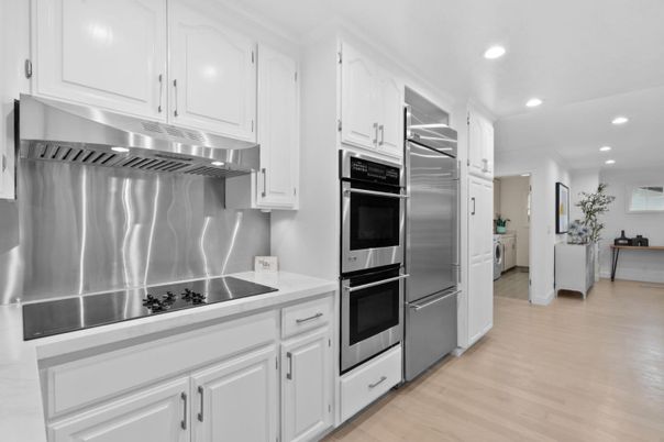 Interior, Kitchen, Recessed Lighting, Stainless Steel Appliances, Wood Texture Flooring