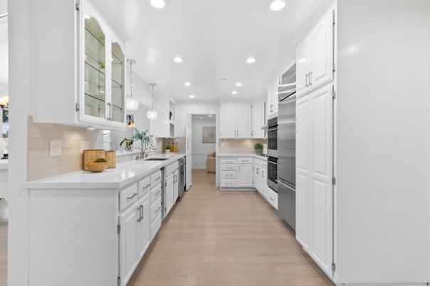 Interior, Kitchen, Pendant Lights, Recessed Lighting, Stainless Steel Appliances, Wood Texture Flooring