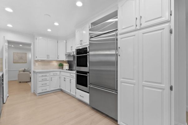 Interior, Kitchen, Recessed Lighting, Stainless Steel Appliances, Wood Texture Flooring