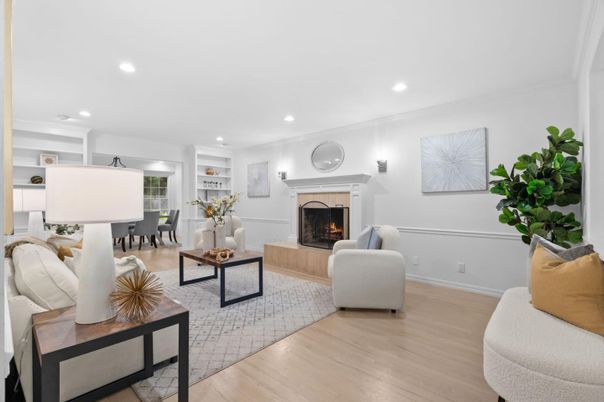Dining room, Fireplace, Interior, Living room, Recessed Lighting, Wood Texture Flooring