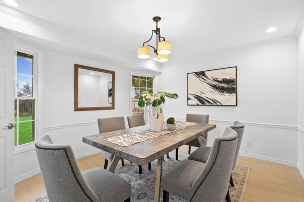 Dining room, Interior, Pendant Lights, Recessed Lighting, Wood Texture Flooring