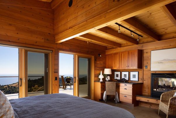 Bedroom, Fireplace, Home Office, Interior, Water, Wooden Beams, Wooden Ceilings, Wooden Walls