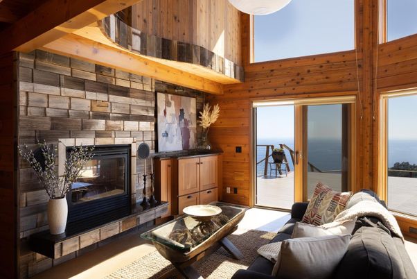 Fireplace, Interior, Living room, Stone Walls, Water, Wooden Walls
