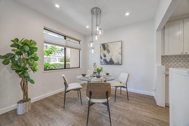 Dining room, Interior, Pendant Lights, Recessed Lighting, Wood Texture Flooring