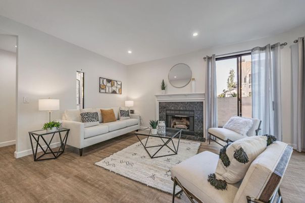 Fireplace, Interior, Living room, Recessed Lighting, Wood Texture Flooring