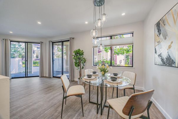 Dining room, Interior, Pendant Lights, Recessed Lighting, Wood Texture Flooring