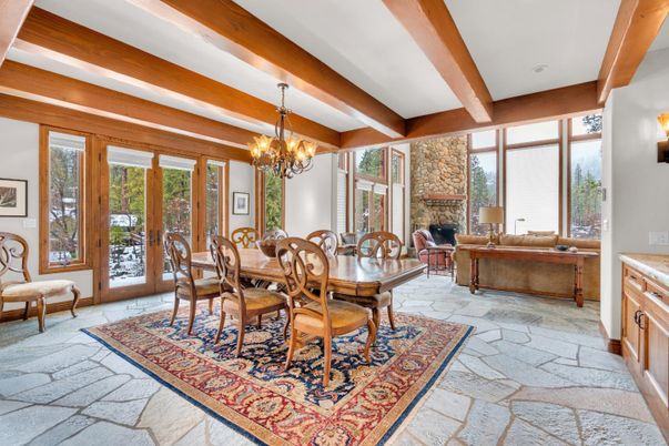 Chandelier, Dining room, Interior, Wooden Beams
