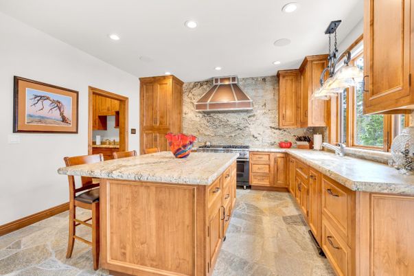 Interior, Kitchen, Pendant Lights, Recessed Lighting, Stainless Steel Appliances, Stone Walls