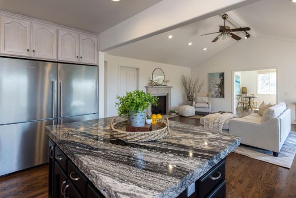Fireplace, Interior, Kitchen, Recessed Lighting, Wood Texture Flooring