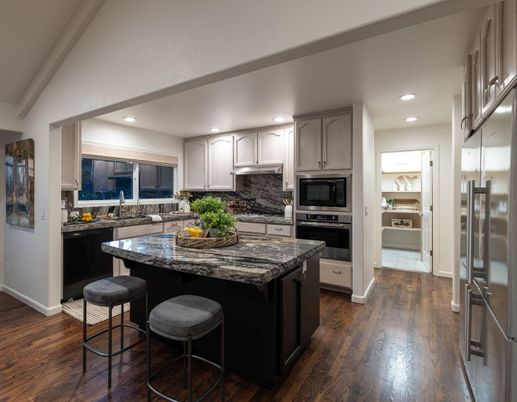 Interior, Kitchen, Recessed Lighting, Stainless Steel Appliances, Wood Texture Flooring
