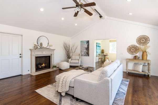 Fireplace, Interior, Living room, Recessed Lighting, Wood Texture Flooring