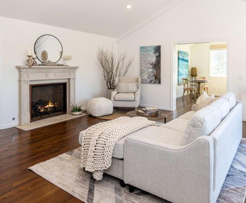 Bedroom, Fireplace, Interior, Living room, Recessed Lighting, Wood Texture Flooring