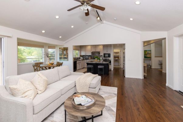 Dining room, Interior, Kitchen, Living room, Recessed Lighting, Stainless Steel Appliances, Wood Texture Flooring