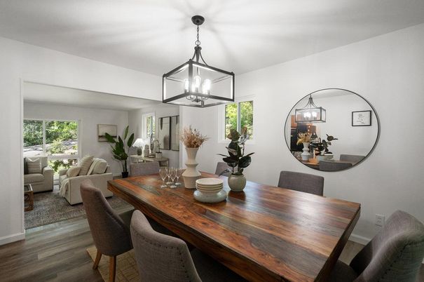 Dining room, Interior, Living room, Pendant Lights, Wood Texture Flooring