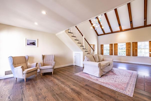 Interior, Living room, Pendant Lights, Recessed Lighting, Wooden Beams, Wood Texture Flooring