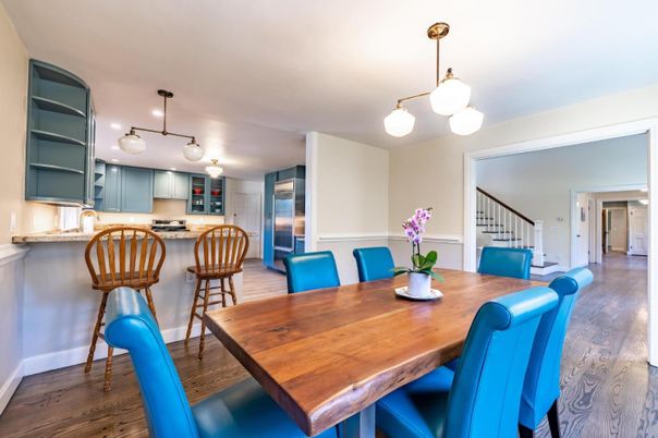 Dining room, Interior, Kitchen, Pendant Lights, Stainless Steel Appliances, Wood Texture Flooring