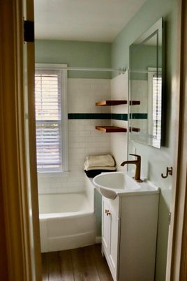 Bathroom, Glass Shower, Interior, Wood Texture Flooring