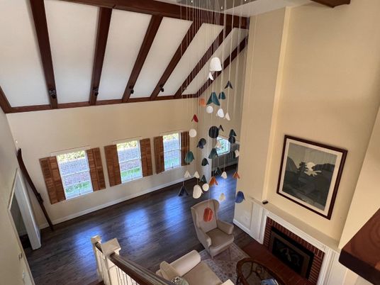 Fireplace, Interior, Living room, Pendant Lights, Wooden Beams, Wood Texture Flooring