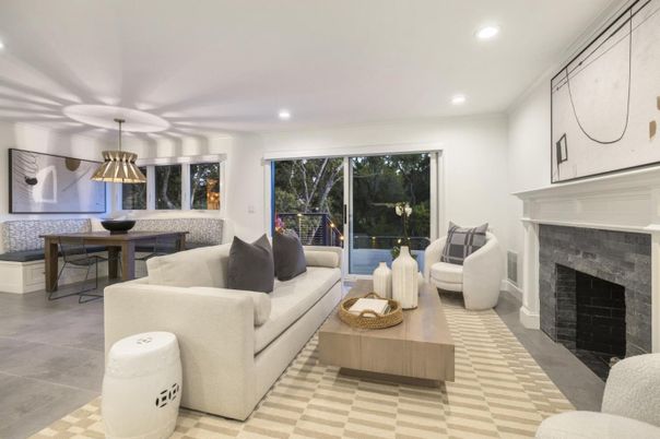Dining room, Fireplace, Interior, Living room, Pendant Lights, Recessed Lighting