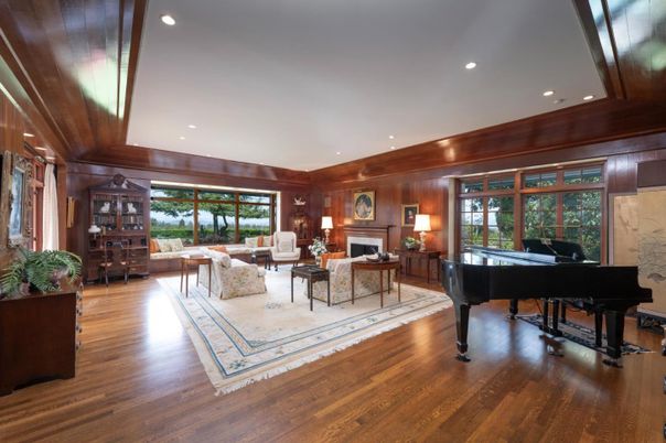 Fireplace, Interior, Living room, Piano, Recessed Lighting, Wood Texture Flooring, Wooden Walls