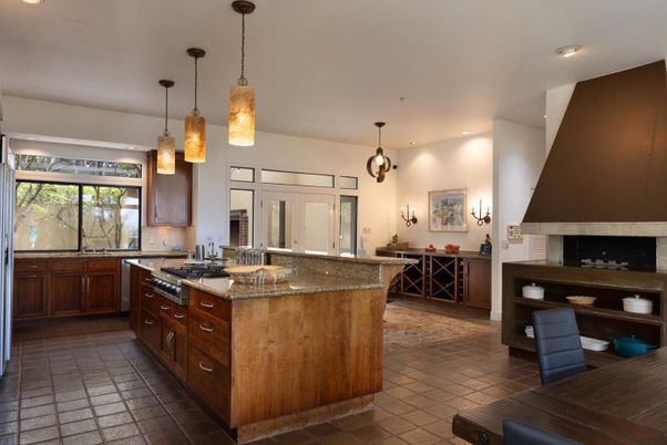 Fireplace, Interior, Kitchen, Pendant Lights, Recessed Lighting