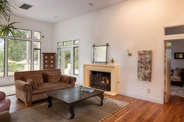 Fireplace, Interior, Living room, Recessed Lighting, Wood Texture Flooring