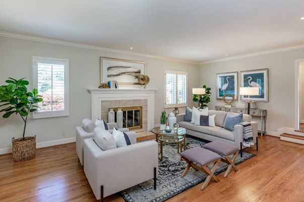 Fireplace, Interior, Living room, Recessed Lighting, Wood Texture Flooring