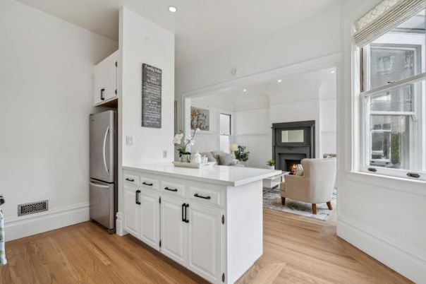 Fireplace, Interior, Kitchen, Living room, Recessed Lighting, Wood Texture Flooring